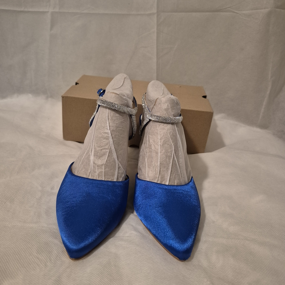 Chic Blue Pointed Toe Heels with Ankle Strap with Rhinestones